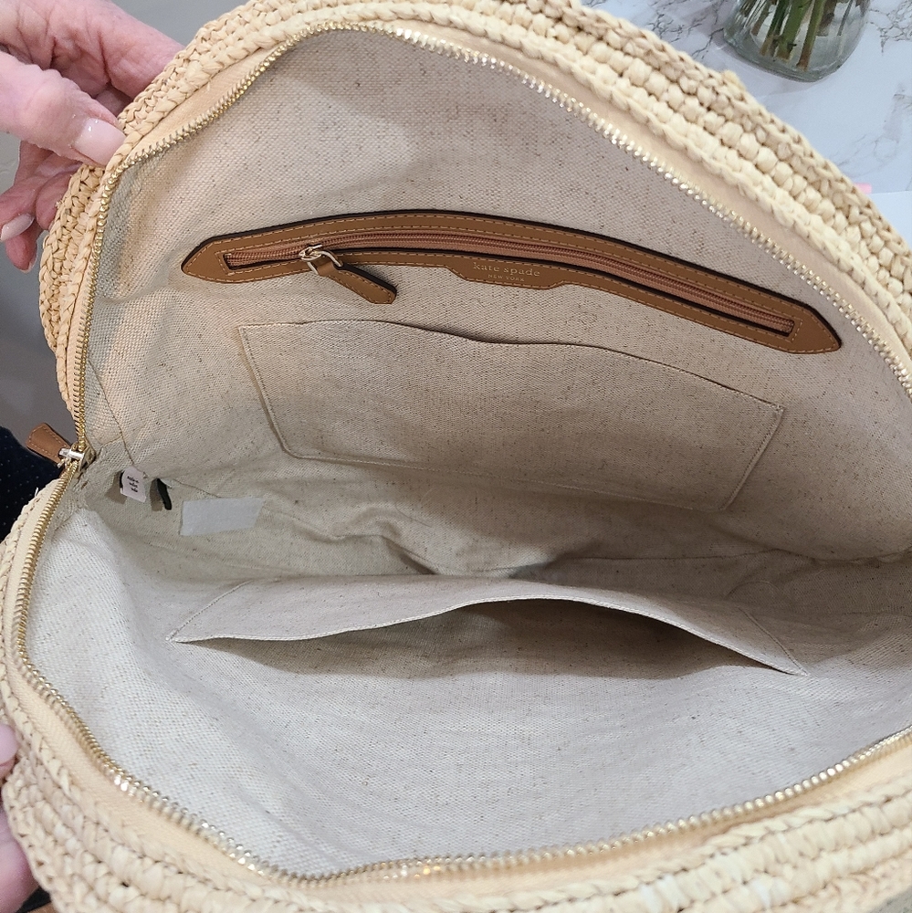 kate spade Natural Straw Round Tote with Green Leaf Embroidery and White Script - Picture 4 of 6